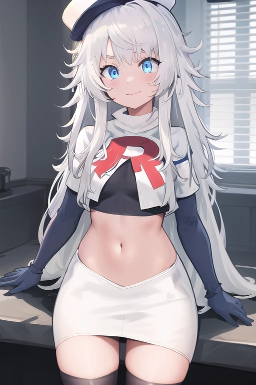 masterpiece, best quality, highres, 1girl, solo, long hair, hat, blue eyes, white hair, messy hair, team rocket,team rocket uniform,white skirt,red letter R,crop top,black thigh-highs,black elbow gloves