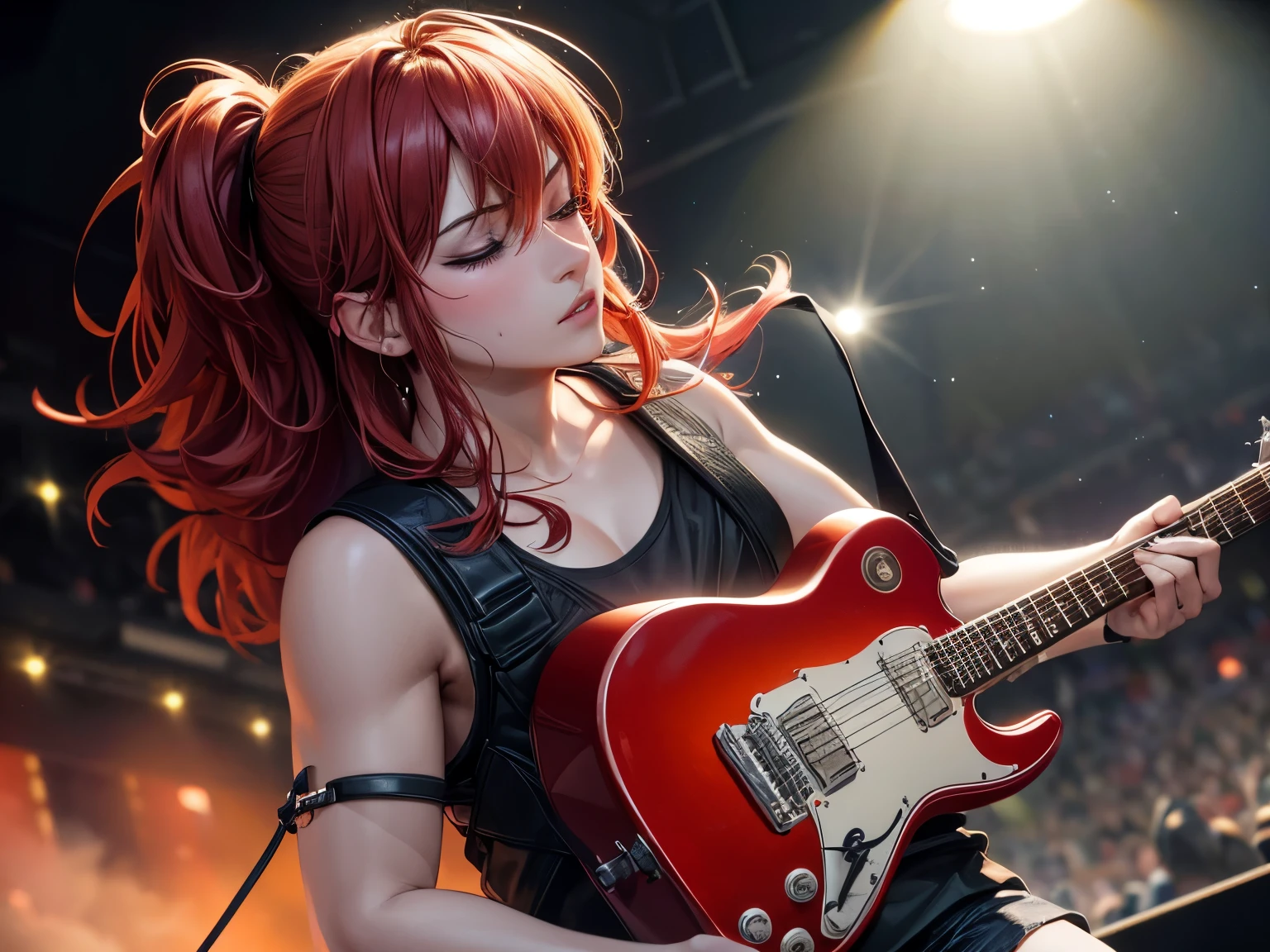 (a guitarist with a red guitar amidst the smoke and colorful lights on the stage), (best quality, 4k, 8k, highres, masterpiece:1.2), ultra-detailed, (realistic, photorealistic, photo-realistic:1.37), concert, energetic, captivating, intense, mesmerizing, vibrant colors, dynamic, lively stage performance, intricate guitar details, electrifying atmosphere, passionate musician, skilled musician, professional stage lighting, smokey effect, ethereal ambiance
