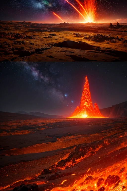  mechanized earth crust, the earth sprouts lava, earth's red mantle is visible, hollow earth, vtm, canyons and ridges all across earth, volcanoes erupting, stars and galaxies in the background