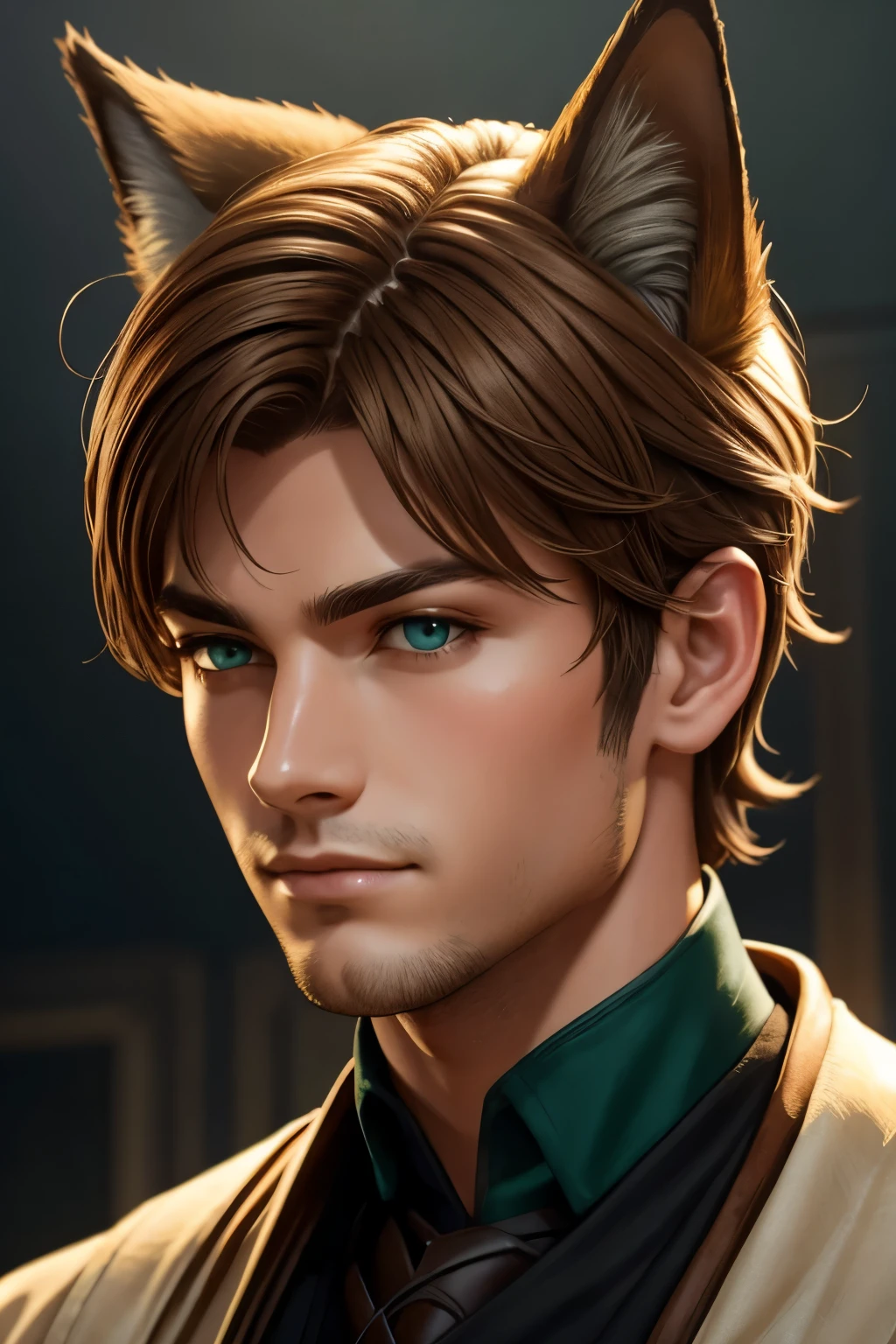 (solo:1.5),(masterpiece:1.5),(best quality:1.5),(bust:1.3),Amazing,beautiful detailed,extremely detailed wallpaper,extremely detailed CG unity 8k wallpaper,extremely delicate and beautiful eyes,1boy, green eyes,,fox-ears,