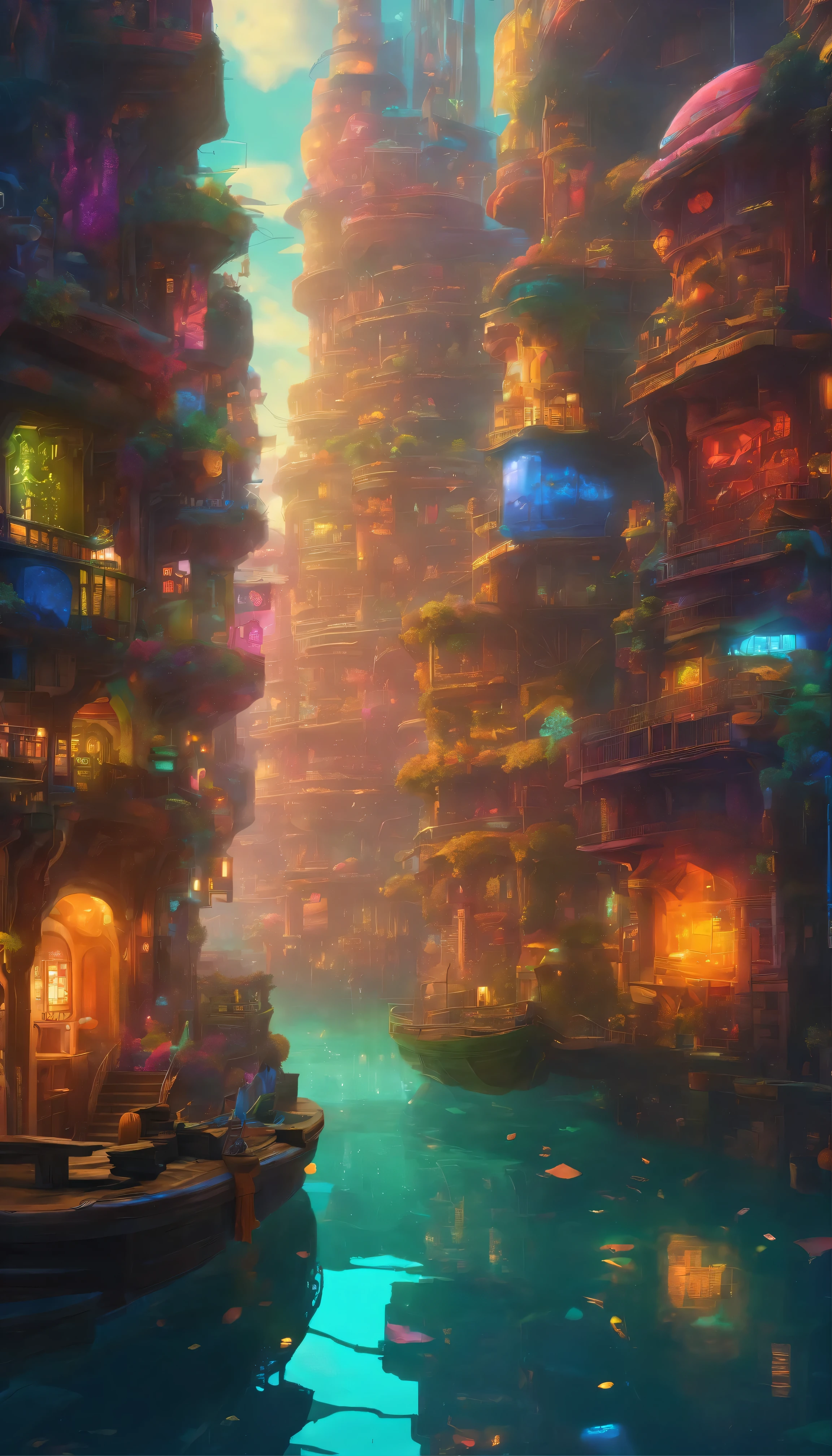 Fantastic underwater world(Color:1.2)In the abyss of、The irregularly shaped building evokes the whimsical artistry of Hayao Miyazaki.、Floating gracefully beneath the rolling waves。This architectural marvel is surrounded by patchwork cottages.、Its vibrant appearance、Blue appears to thrive in moist underwater environments々Decorated with moss decorations。The exterior of the building is intricately detailed.、The coral growth and iridescent light create a soft and elegant glow.。This underwater city、Concept art inspired by the amazing work of Andreas Rocha