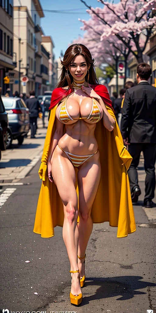 (Eris Boreas Greyrat) 1GIRL, SOLO, (smile, makeup, beautifull eyes, red libs, royal cape), (HUGE BOOBS:1.4), (bracers ARM, red GLOVES gauntles), (white GIRL in yellow stripes bikini, ROYAL CAPE, CLEAVAGE, SKINTIGHT, HIGH HEELS:1.4), (SLENDER BODY, SEXY LONG LEGS, FULL BODY:1.5), (MUSCLE ABS:1.2), (LOOKING AT VIEWER:1), (WALKING DOWN ON STREET NIGHT CHERRY TREES:1.3), PHYSICALLY-BASED RENDERING, ULTRA HIGHT DEFINITION, 8K, 1080P.