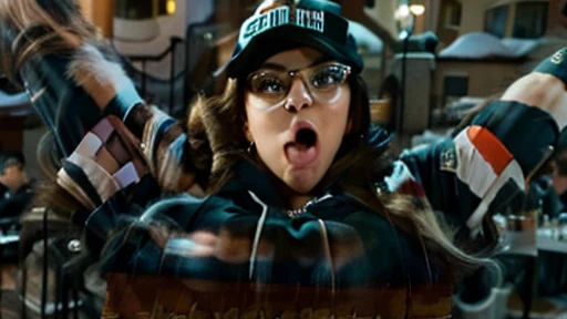 brunette ssbbw wearing leggings and a hoodie with glasses and a baseball cap stuck in the chimney, she is being pulled out by 2 ladies