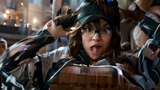 brunette ssbbw wearing leggings and a hoodie with glasses and a baseball cap stuck in the chimney, she is reaching her arms out