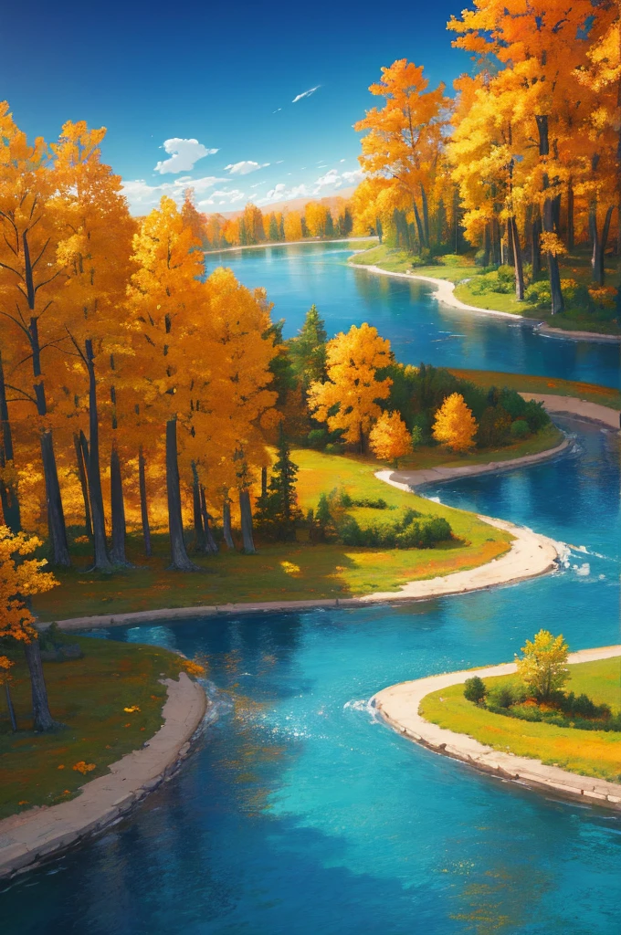 opening of the mind into utopia, utopiasphere, abstract art, trees, circular warm colors contrasting with nature, long landscape of beauty and balance