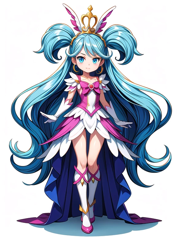 (((Best Quality))) , ((full body)), female, reference sheet, solo, (white background), precure costume, midriff, gloves,
