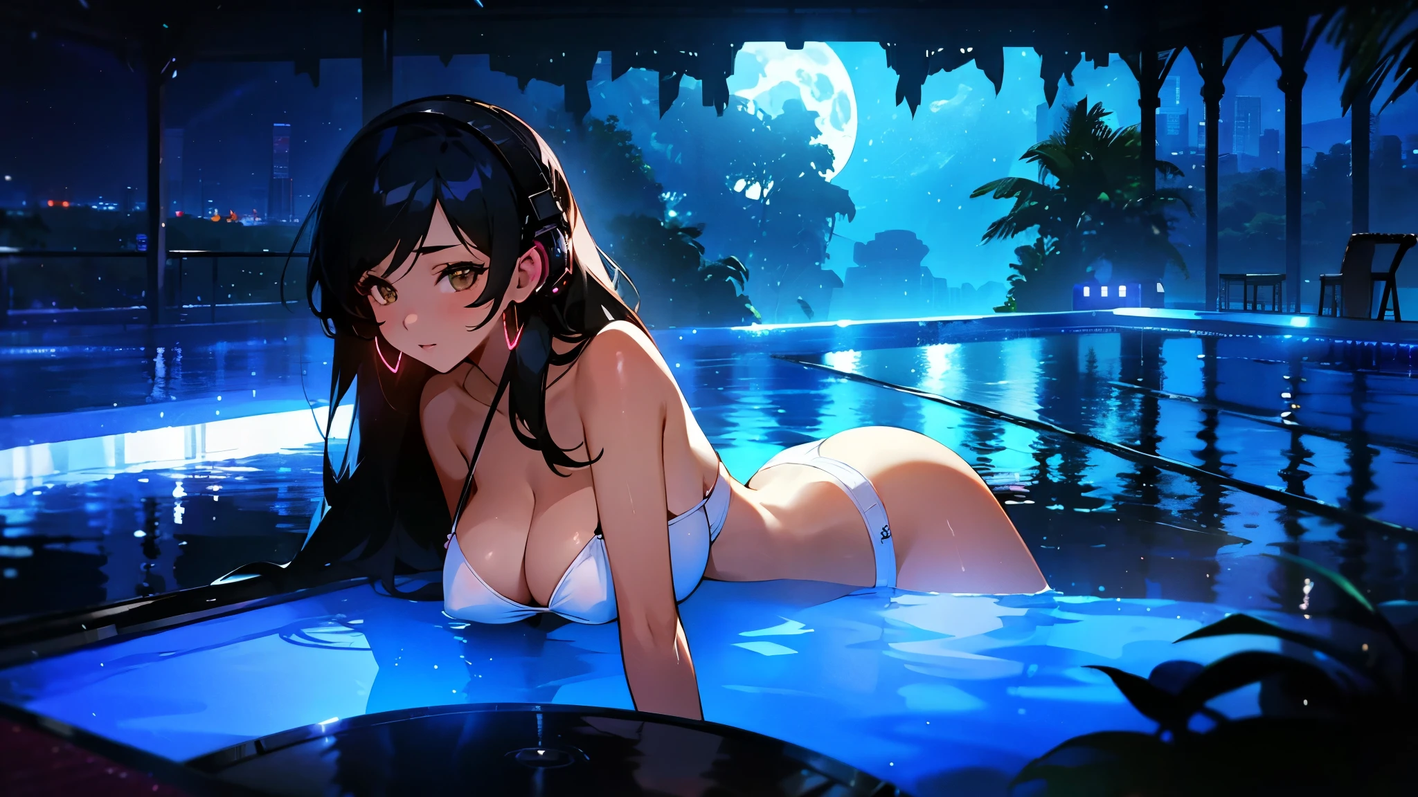 A woman wearing a white bikini and headphones、A beautiful night view behind、Big Breasts、sexy、Indoor pool with a night view、Moonlight、Unbuttoned、Downlight、full moon、Stylish interior、Ruby Eye、Woman lying on a vinyl boat