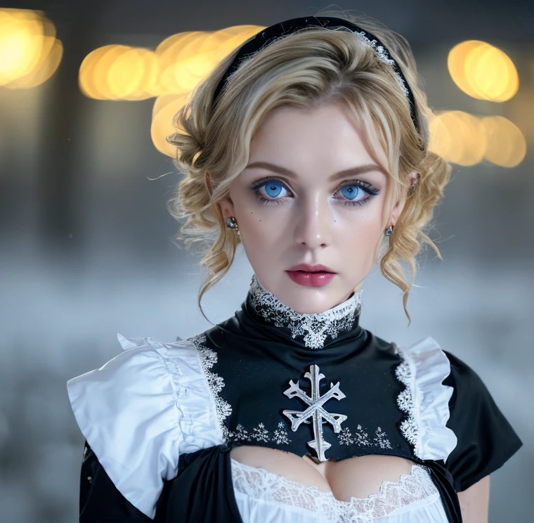 1 miniature Beautiful beautiful woman - Yuan Sayuki, ((top quality, 8K, Masterpiece:1.retty woman, 1 woman, huge breasts:1.3, a slim body:1.1, lush GINGER short hair with 2 buns, (shower, wet body, wet clothes:1.1), very detailed face, detailed lips, detailed eyes, double eyelids, Detailed blue eyes, чрезвычайно Detailed Outstanding Blue Eyes, short GINGER wet hair, GINGER wet hair, Detailed Outstanding Blue Eyes, innocent look at the viewer, very wet wavy white hair, Detailed Outstanding Blue Eyes, huge cross earrings, Outdoors, badges behind, gothic maid uniform, sexy maid dress, bare chest, huge chest tattoo, detailed huge catholic cross earrings, chest tattoo, Outside, wear a silver cross (Detailed cross shape), reality mode, wet breasts, black necklace, human crowd behind, black latex gloves, hair of white snowy colour, night time, red neon lights, demonic nun, nimbus (golden lighting ring above her head), angel, snowy weather, sexy pose, white lingerie, black maid dress, detailed flower wreath made of different colours, open chest (tattoo on her chest)