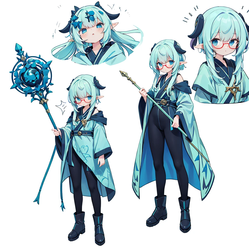 (masterpiece, Best Quality), (Perfect athlete body:1.2), (detailed hairs), Ultra-detailed, Anime style, Full body, Solo, Scholarly looking elf woman, wearing sorcerer's robes, staff and glasses, blue slime-like mascot creature on her shoulder, standing in the forest, high-heeled boots, 8k high resolution, white background, whole body,