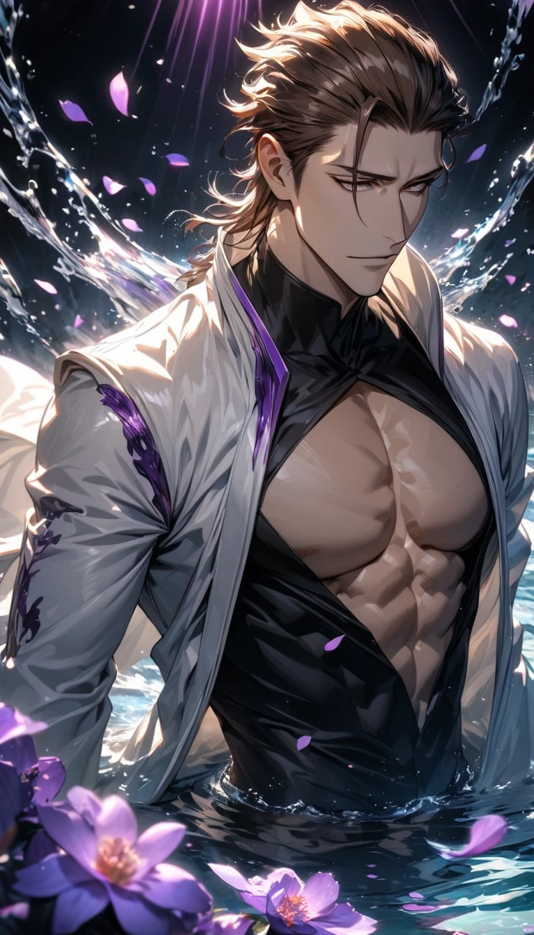 absurdres, highres, ultra detailed, HDR, master piece, best quality, Uzumaki Naruto, blond hair, expressive blue eyes, Naruto Shippuden, solo, sexy man, handsome, white coat, black tight shirt, patterns, toned chest, glass stained window, purple shining butterflies, purple lilies, purple petals