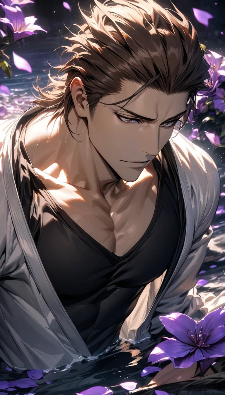 absurdres, highres, ultra detailed, HDR, masterpiece, extremely detailed face and eyes, Aizen Sosuke, brown hair slicked back, expressive brown eyes, Bleach, solo, sexy man, toned chest, handsome, white coat, black tight shirt, water, petals, purple flowers, purple shining light