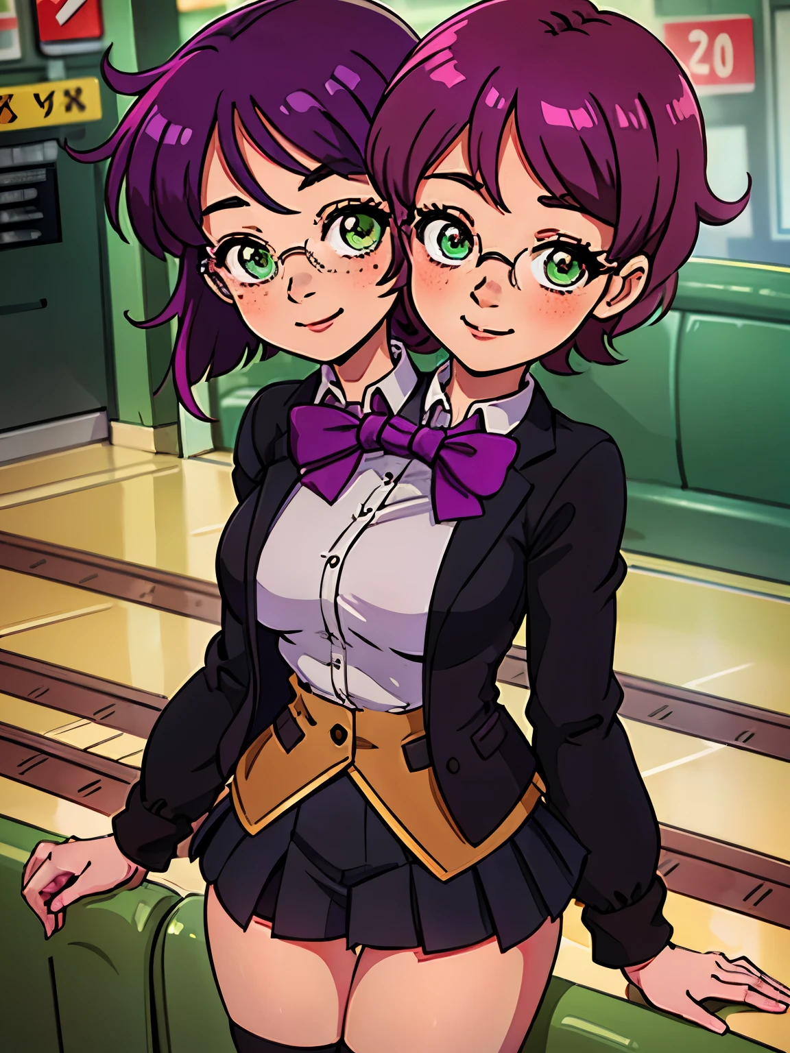 (masterpiece),(ultra-detailed), (high quality), (high resolution), (best quality:1.5, highres, UHD), highres, absurdo, ultra detail, ultra quality, Ultra resolution, 16k, ((2heads:1.5)), 1girl, ((anime girl with two heads)), (magenta violet  hair) orange blouse with black jacket and a  with pleats, fingerless black gloves, suede shoes, freckles, gentle smile, tomboy, cowboy shot, railway station, green eyes, ((one head with glasses))