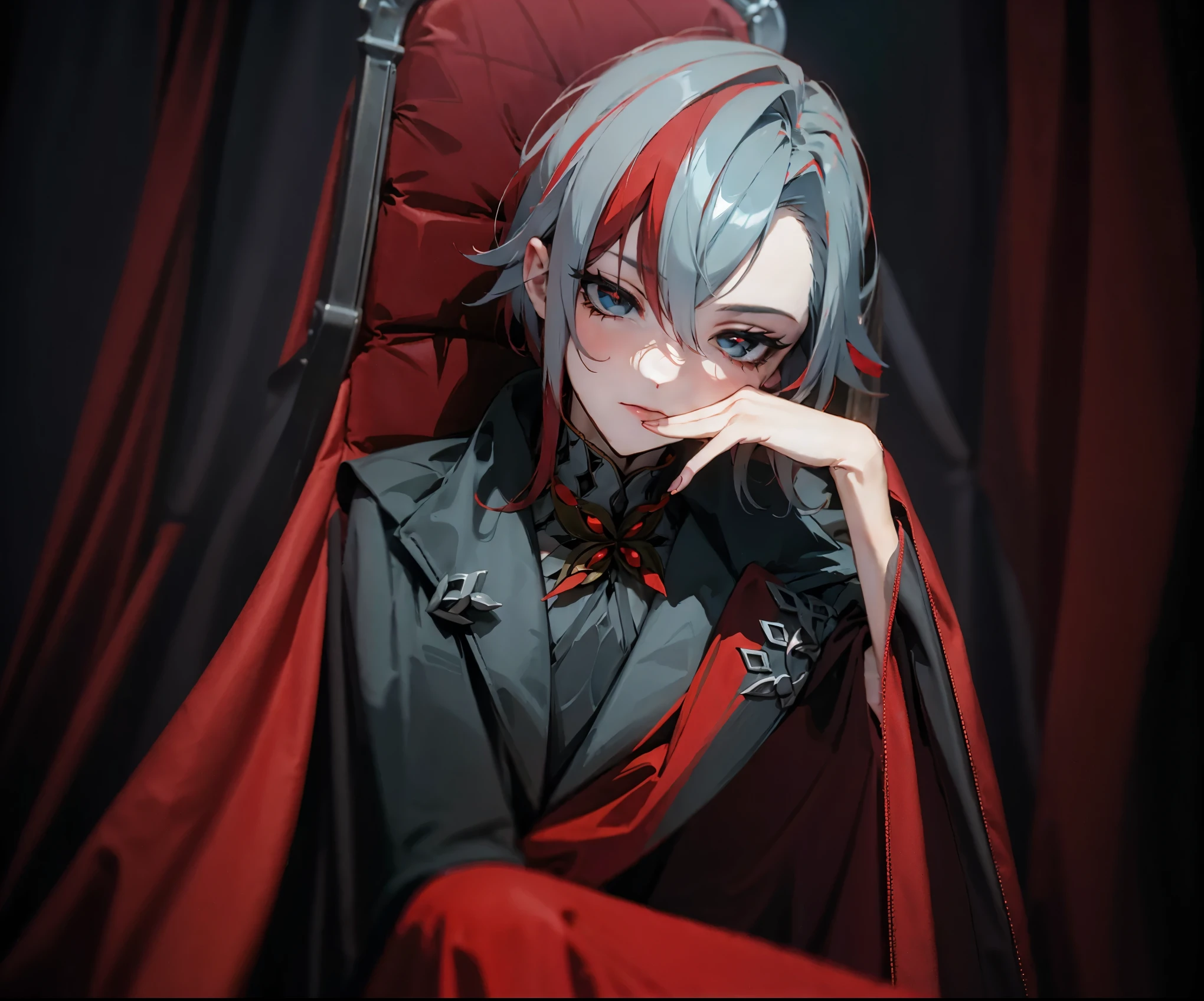 Arlecchino, portrait, sitting on throne, ultra quality, dark and red theme