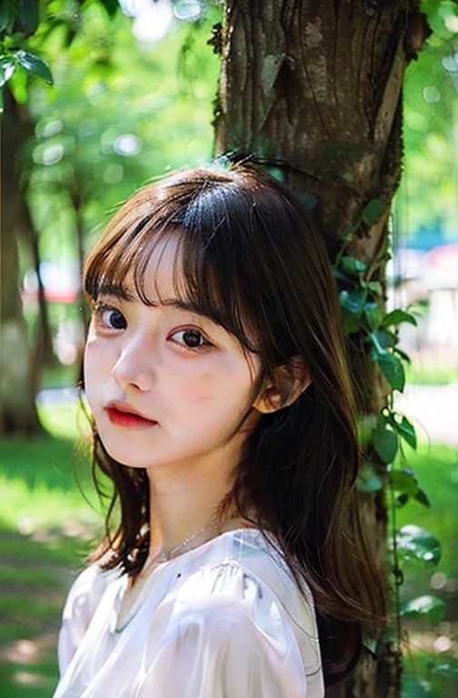facial realistic style,weird photos,Translucent Woman、A girl around 15 years old、 look、Leaning against a tree