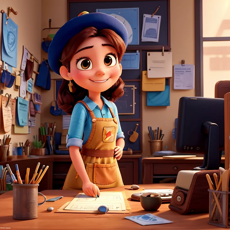 Filme inspirado na Disney-Pixar. A cena deve ser no estilo de arte digital da pixar , focusing on character expressions, An office as a background with textures of craftsmanship details, paints and sewing machine. The main character is a woman. She is Brazilian, magro e bonito , wearing a hat, apron and measuring tape, She is smiling and is working on a crochet bag project , she is using a smartphone, and there is computer next to it.