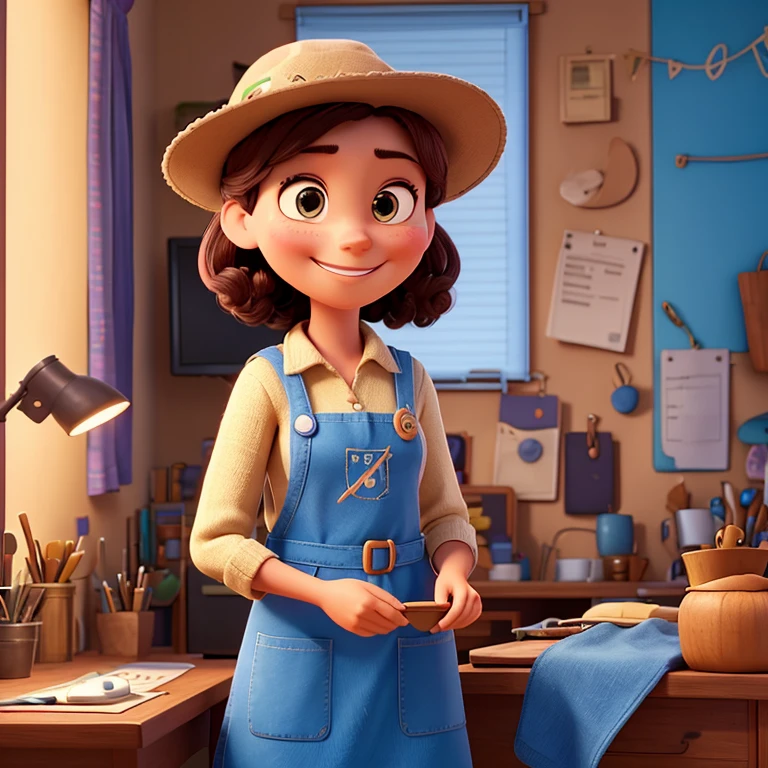 Filme inspirado na Disney-Pixar. A cena deve ser no estilo de arte digital da pixar , focusing on character expressions, An office as a background with textures of craftsmanship details, paints and sewing machine. The main character is a woman. She is Brazilian, magro e bonito , wearing a hat, apron and measuring tape, She is smiling and is working on a crochet bag project , she is using a smartphone, and there is computer next to it.