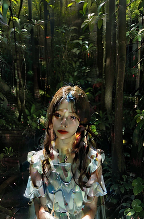 facial realistic style，weird photos，Translucent Woman、A girl around 15 years old、 look、Leaning against a tree