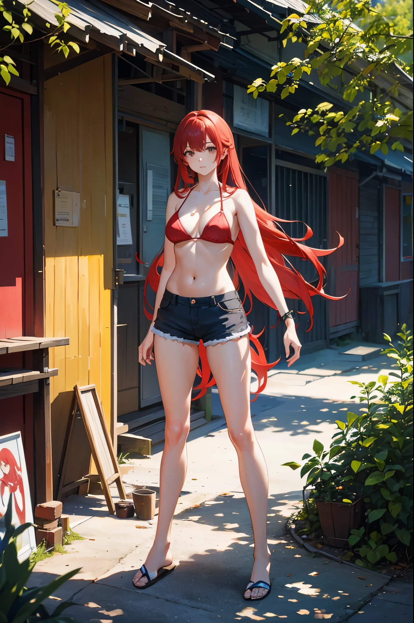 1woman, red hair, long hair, bikini top, shorts, standing on ground, high res, ultra sharp, 8K, masterpiece