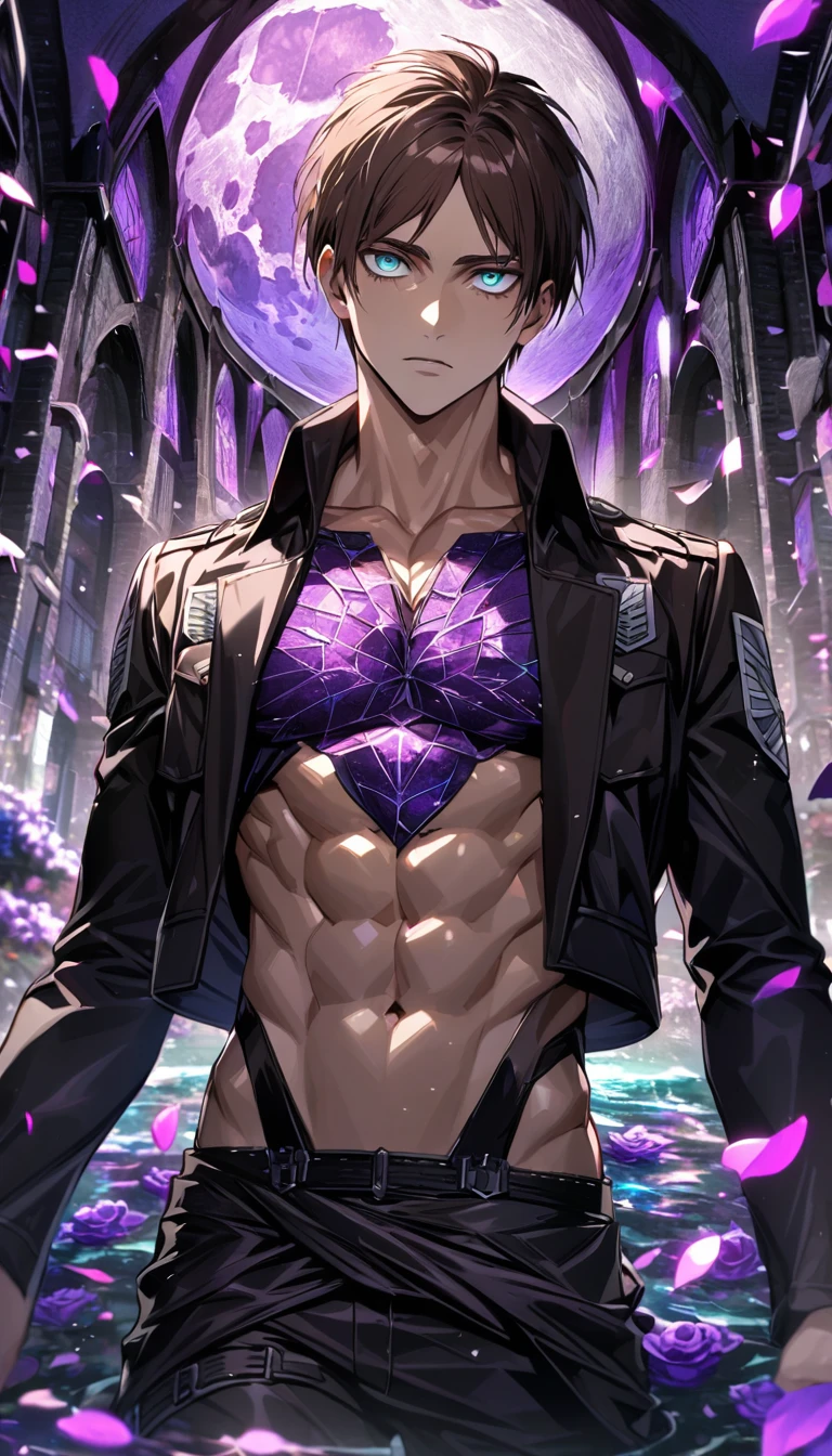 Ultra detailed, HDR, Highres, absurdres, master piece, Eren Jeager, brown hair, expressive turquoise eyes, Shingeki No Kyojin, toned chest, black tight shirt, purple glittering moon, purple ice, petals, purple ice roses, sexy man, solo, extremely detailed face and eyes, handsome, glittering, purple stained glass, black jacket with patterns, water