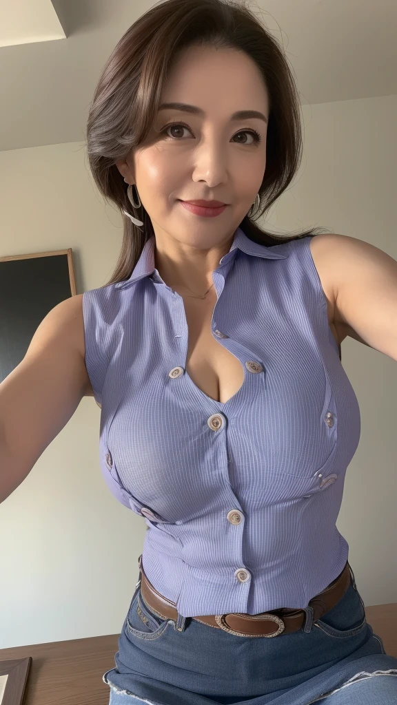 ((highest quality, 8k, masterpiece, Portraiture: 1.3)), (Observe the audience), 魅力的なビジネスのMature Woman, (1 person:1.3), A little chubby:0.35,(Brown hair up)、 White collared shirt, Grey mini skirt,(Big Breasts:1.1),(Large pelvis:0.8), smile:0.2、(((Mature Woman))), (((56 years old))),(All the buttons on the shirt are fastened:1.2),(See-through shirt:1.2),(Her erect nipples are slightly visible through the fabric:1.3),(No bra:1.2),Sexual charm,(Sleeveless shirt:1.4),((cowgirl position:1.4)),((View from below:1.4))