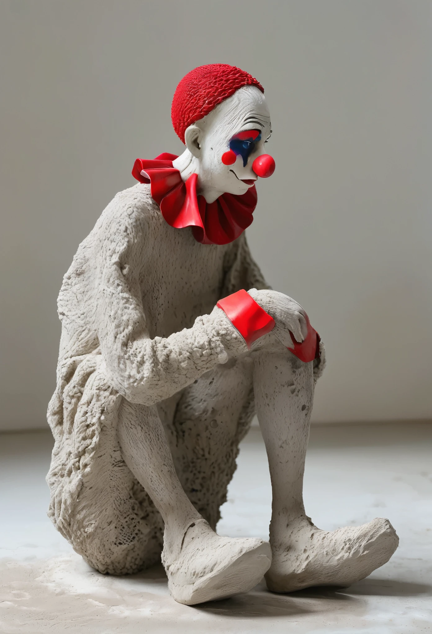 (best quality:1.2),ultra-light Clay, Clay, Pottery, Rough knitted texture, distressed, dirty, mineral pigments, 3D Clay sculpture art, Clay sculpture, Rough surface, (Art work，clown，Red nose，solitary figure，whole body，Barefoot，cover up,Solitary,)