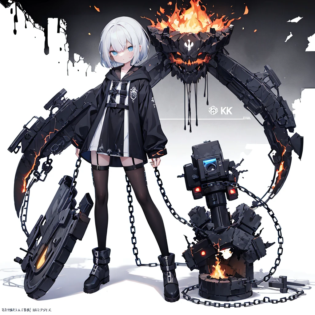 (masterpiece, best quality), ultra detailed, anime style, full body, solo, Full body anime style, Cyberpunk grim girl, cyber gothic dress, tendrils of dark shadow, ragged robes, hooded, with a chain sickle, the eyes burning hell flame, hi-tech boots, standing in wasteland, digital painting, 8K high resolution, art station trend, white background, whole body,
