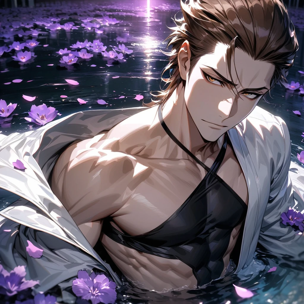 absurdres, highres, ultra detailed, HDR, masterpiece, extremely detailed face and eyes, Aizen Sosuke, brown hair slicked back, expressive brown eyes, Bleach, solo, sexy man, toned chest, handsome, white coat, black tight shirt, water, petals, purple flowers, purple shining light