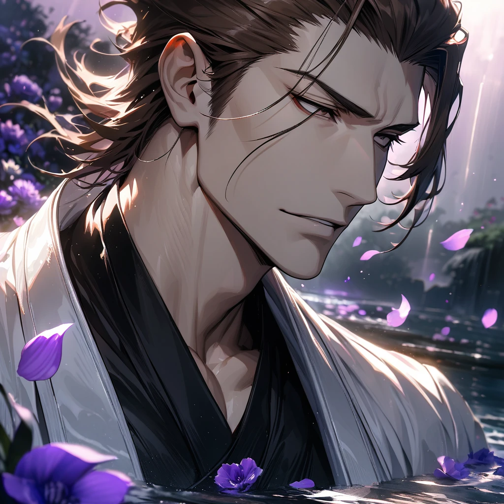absurdres, highres, ultra detailed, HDR, masterpiece, extremely detailed face and eyes, Aizen Sosuke, brown hair slicked back, expressive brown eyes, Bleach, solo, sexy man, toned chest, handsome, white coat, black tight shirt, water, petals, purple flowers, purple shining light