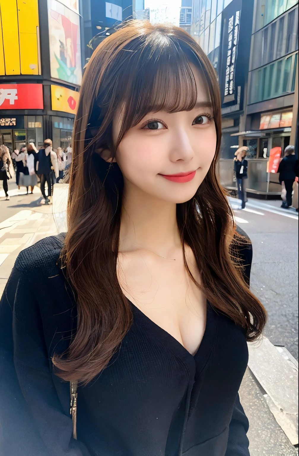 masterpiece, 4K, Flat Color, Written boundary depth, Girl with Lens Flare 1, Brown Hair, Looking at the audience, interior,, Tokyo, Shinjuku, street, smile, Big and ample breasts, sweating, Black trousers, Black hoodie, vision, Small face, bangs.