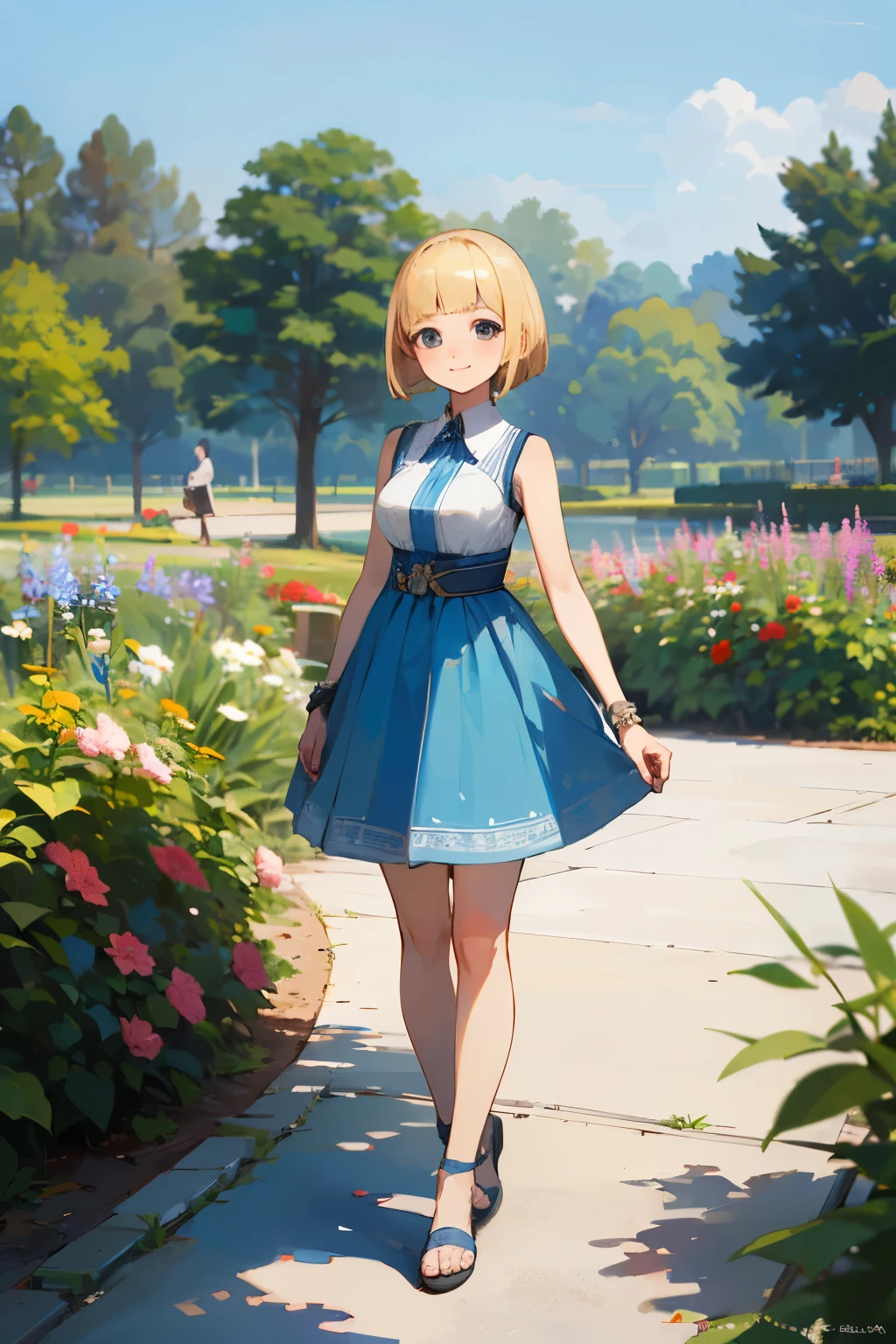 (high quality, High resolution, Very detailed, reality:1.37), Peaceful atmosphere, (Outdoor, garden), age girl standing alone, (my breasts are big.), Beautiful details, Cute Smile, (Blonde Bob Hair), Blue sleeveless dress, Sandals.
