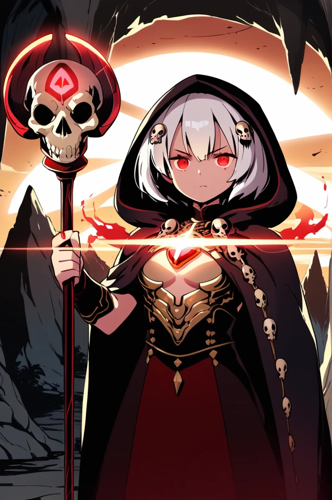 score_9,source_anime,1girl,standing,white hair,beautiful_detailed_eyes,short hair,red eyes,close up,skull hair ornament,looking at viewer,wearing cloak,glowing chest jewel,jewelry,frown,serious,cave,holding skull staff,