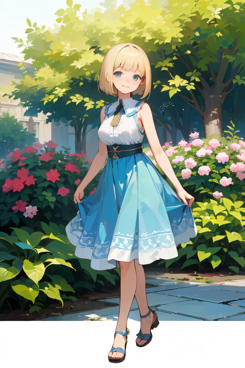(high quality, High resolution, Very detailed, reality:1.37), Peaceful atmosphere, (Outdoor, garden),  girl standing alone, (my breasts are big.), Beautiful details, Cute Smile, (Blonde Bob Hair), Blue sleeveless dress, Sandals.