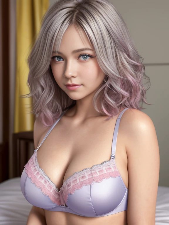 highest quality, Ultra-high resolution, (Realistic: 1.4), One -yeld gi Big Breasts, Detailed face、blush, Perfect Style, Perfect balance, Detailed skin, blue eyes, Silver Hair, Curly Hair, Pink Panties, Pink Bra, Classic Western-style building, bed, Lie on your back