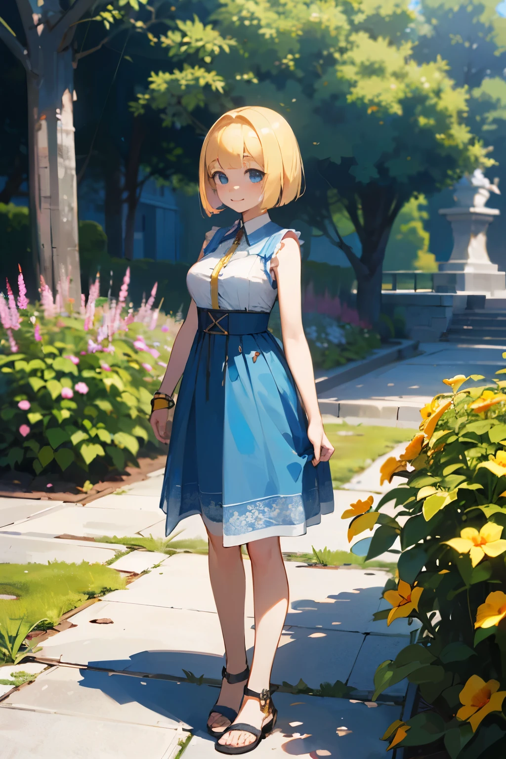 (high quality, High resolution, Very detailed, reality:1.37), Peaceful atmosphere, (Outdoor, garden), girl standing alone, (my breasts are big.), Beautiful details, Cute Smile, (Blonde Bob Hair), Blue sleeveless dress, Sandals.