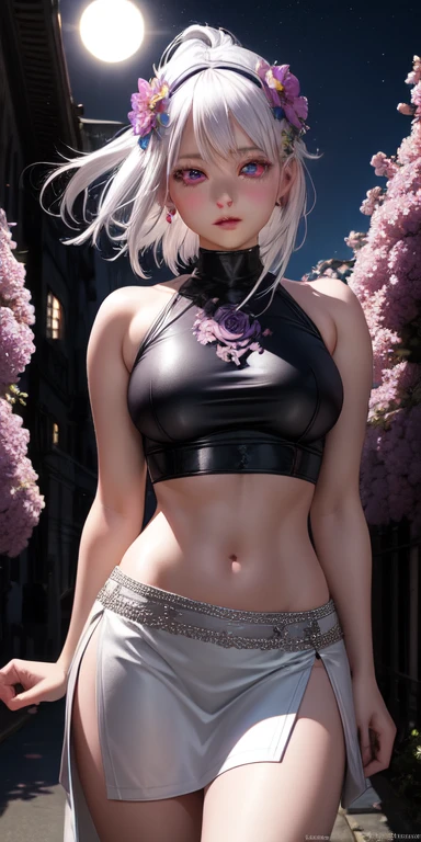 realistic, 1girl, white hair, purple eyes, glowing eyes, crop top, skirt, parted lips, blush, night, flowers, sun, sunlight,