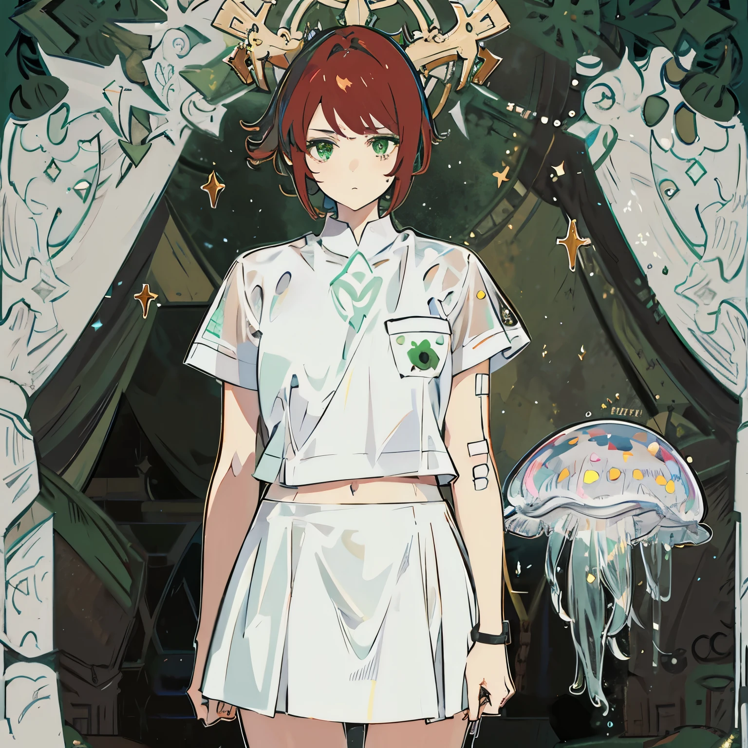 Girl with auburn hair, jellyfish haircut hairstyle, green eyes, bandaids on arms, fancy and modest shirt with white skort, and a frown on face.