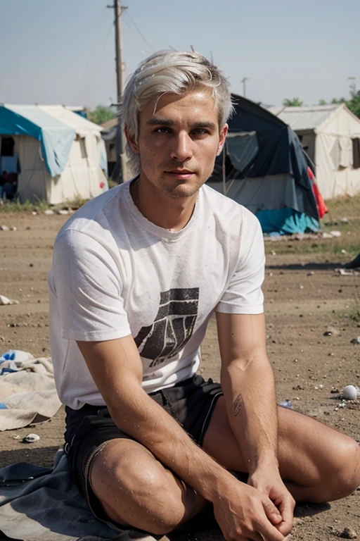short white haired man, Beautiful Eyes, Tattered short sleeves, Background of the refugee camp, Sit on the ground