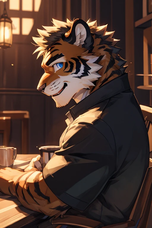 1male, animal ears, shirt, blue shirt, blue eyes, claws, furry, furry, looking at viewer, focus, muscular, open mouth, profile, scar, scar across eye, scar on face, smile, ears, tiger, tiger boy, best quality,