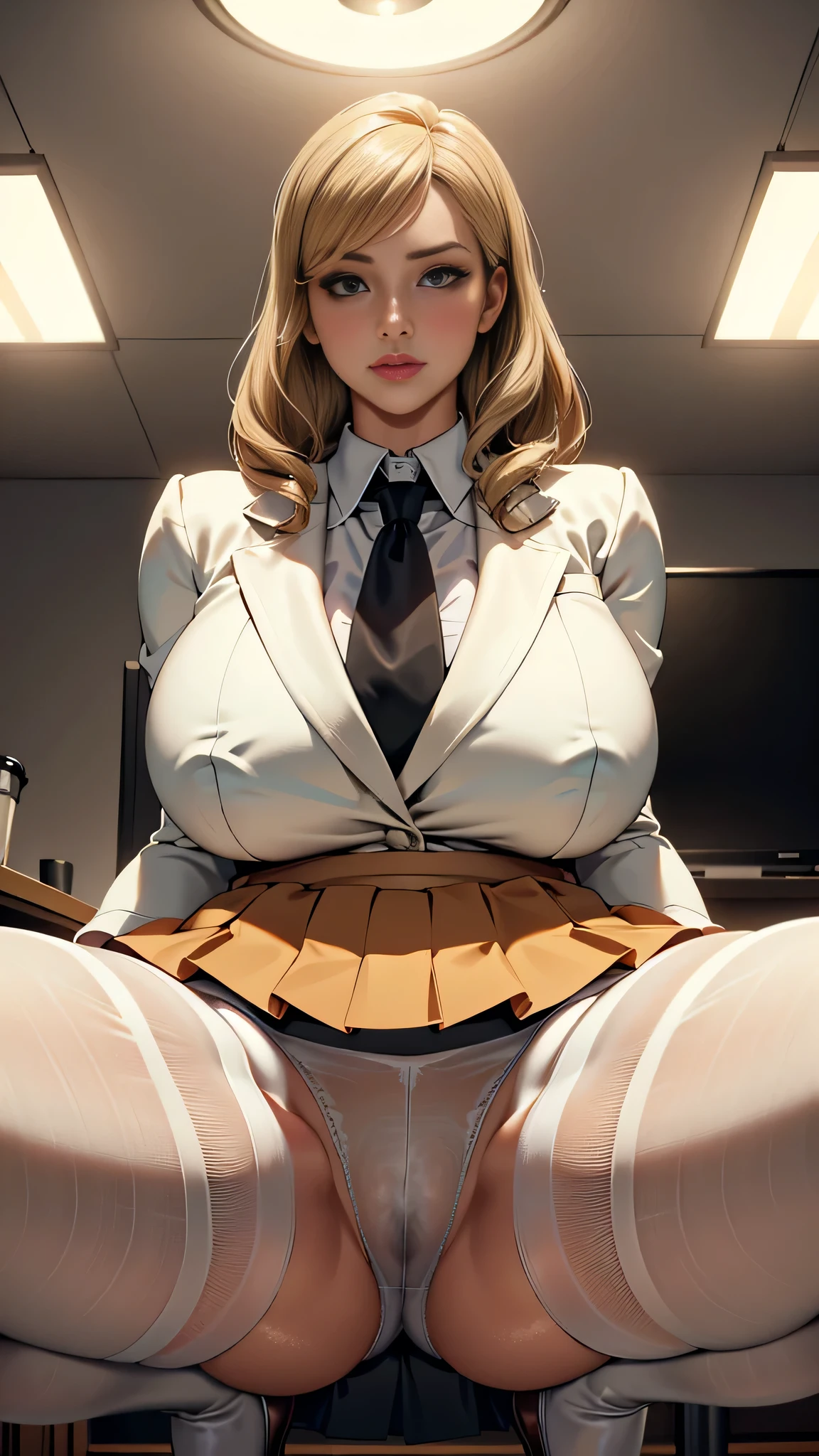 1 girl，office lady，High-cut underwear，((Low Angle，office lady，mini skirt，Tight Skirt，Pointy Chest，panties under pantyhose，angle of view of ceiling，Very exquisite white panties，pubic hair，Black Pantyhose，Camel Toe))，(Squat)，（From directly below:1.7），((highest quality, wonderful,8k, masterpiece :1.3)), (Realistic, photoRealistic:1.4),（very fine and beautiful skin,Brown skin）,blonde,Very detailed,Cinema Lighting, Detailed light, Best Shadow, Dynamic Angle,Elaborate panties（High leg pants:1.1）,Super big boobs:1.6, Plump thighs, In the office