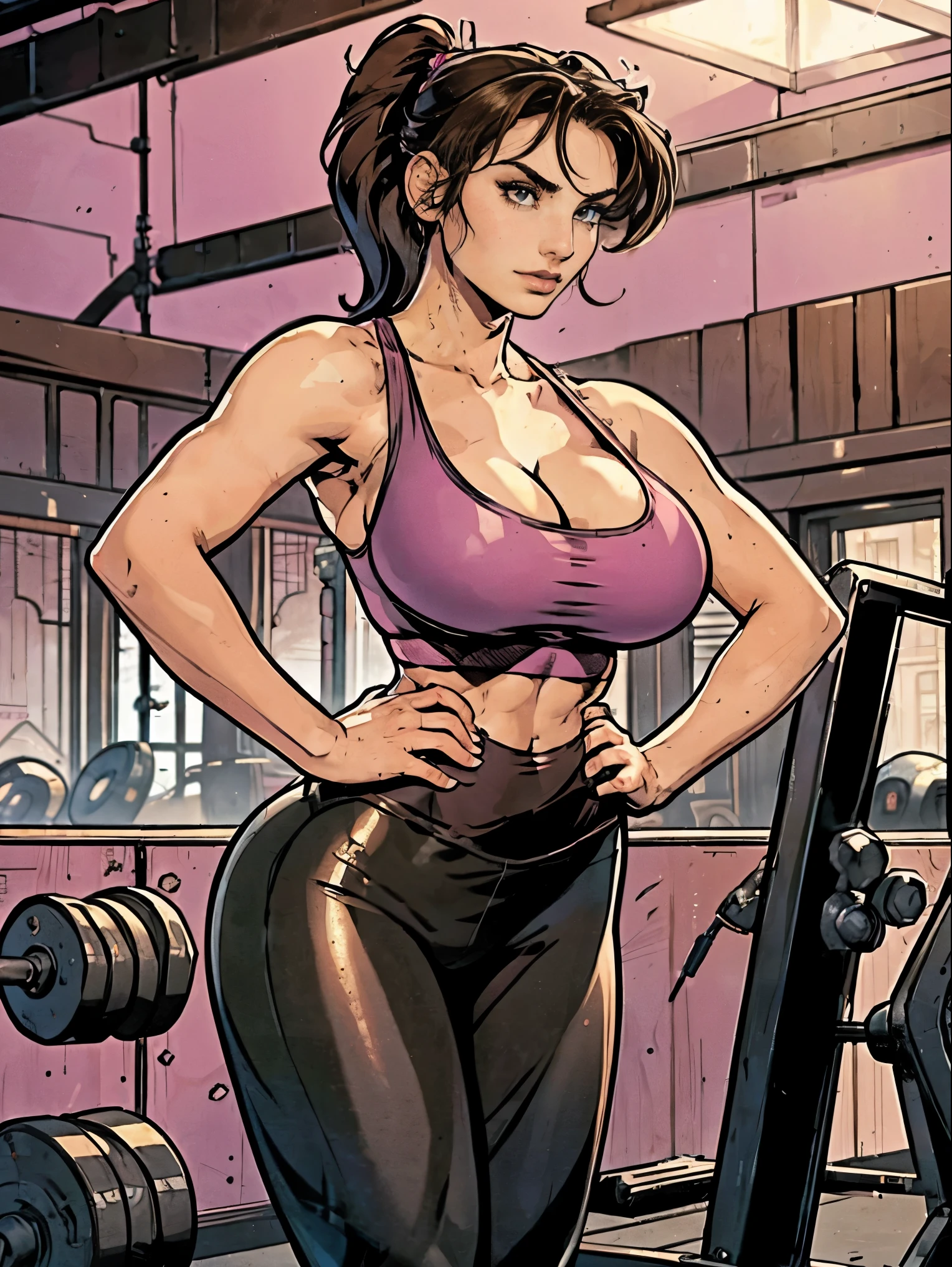 (masterpiece, top quality, best quality, official art, beautiful and aesthetic:1.2), (1girl:1.3), (gorgeous face), light freckles, fair skin, brown hair, extremely detailed, portrait, looking at viewer, solo, (full body:0.6), detailed background, close up, (airy modern theme:1.1), extremely busty gym girl, ponytail, big lips, arched back, flexing her bicep, charlatan, smirk, mysterious, standing in the gym, (pink tank top), (black leggings, headphones), wet, workout gear, weight machines, windows, modern gym, well-lit, thin and toned physique, gigantic breasts, cleavage, skindentation, slim waist, slim hips, long legs, modern (gym interior:1.1) background, dark mysterious lighting, shadows, magical atmosphere, dutch angle,