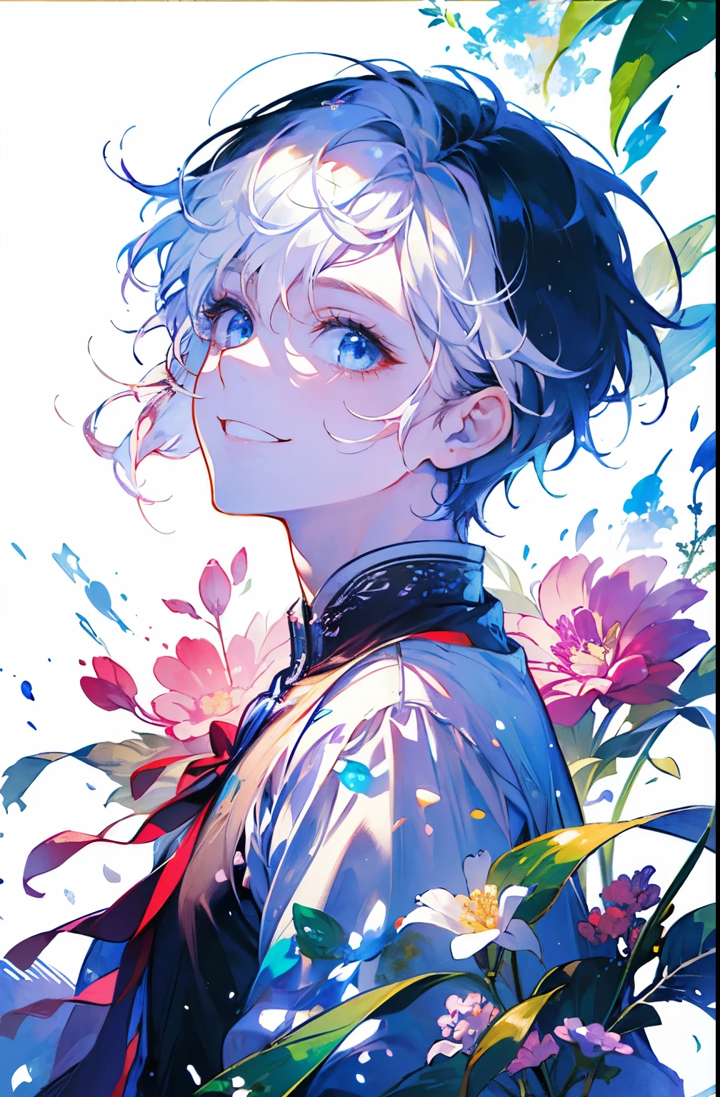 (boy:1.35)、(masterpiece、highest quality、highest quality、Beautiful and beautiful:1.2)、(Good anatomy:1.5)、Painting of a girl with milky white straight hair、Shy smile、Sparkling Eyes、looking at the camera、Emerging from among the flowers and leaves、Suzuran