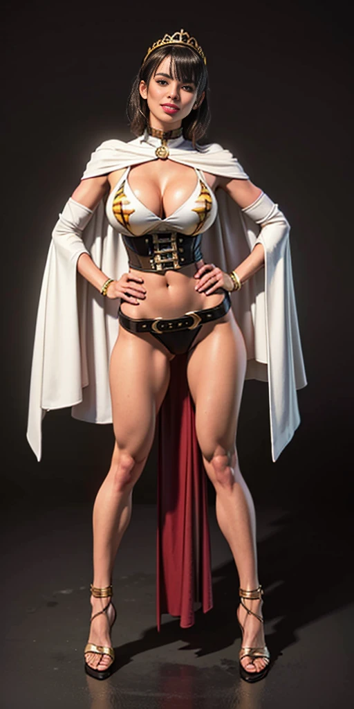(Eris Boreas Greyrat) ((BLACK BACKGROUND 1:2, masterpiece)) 1solo female full body MILF BIMBO standing straight symmetrical with two long thighs and two metal sandals, red eyes like rubies, eye focus looking to the viewer, silver white hair, short bob style hair, big knockers breastplate, breastplate, cleavage, tiara royal, long cape up to two feet, yellow bikini (yellow tiger stripes), lustful smirking smiling, smile face (red blushed, red cheeks), pauldrons metal shoulders, gold sleeveless bracelets, separate sleeves, hands on waist hands OR hips, golden bracers, metal handcuffs, leather corset, red loincloth, black leather choker slave collar, shackles bracelets, slave red crest under navel, navel, big belt around waist OR hips, feet together, metal ankle, two long thighs and two metal sandals