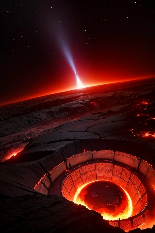 black hole with a red light inside, mechanized earth crust, the earth sprouts lava, earth's red mantle is visible, hollow earth, vtm, canyons and ridges all across earth, the whole world on fire ablaze, stars and galaxies in the background, doomsday