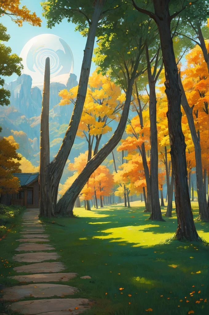 opening of the mind into utopia, utopiasphere, abstract art, trees, circular warm colors contrasting with nature, long landscape of beauty and balance, (path to eternity)