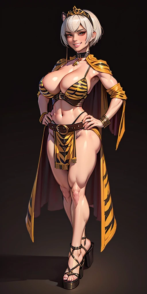 (Eris Boreas Greyrat) ((BLACK BACKGROUND 1:2, masterpiece)) 1solo female full body MILF BIMBO standing straight symmetrical with two long thighs and two metal sandals, red eyes like rubies, eye focus looking to the viewer, silver white hair, short bob style hair, big knockers breastplate, breastplate, cleavage, tiara royal, long cape up to two feet, yellow bikini (yellow tiger stripes), lustful smirking smiling, smile face (red blushed, red cheeks), pauldrons metal shoulders, gold sleeveless bracelets, separate sleeves, hands on waist hands OR hips, golden bracers, metal handcuffs, leather corset, red loincloth, black leather choker slave collar, shackles bracelets, slave red crest under navel, navel, big belt around waist OR hips, feet together, metal ankle, two long thighs and two metal sandals
