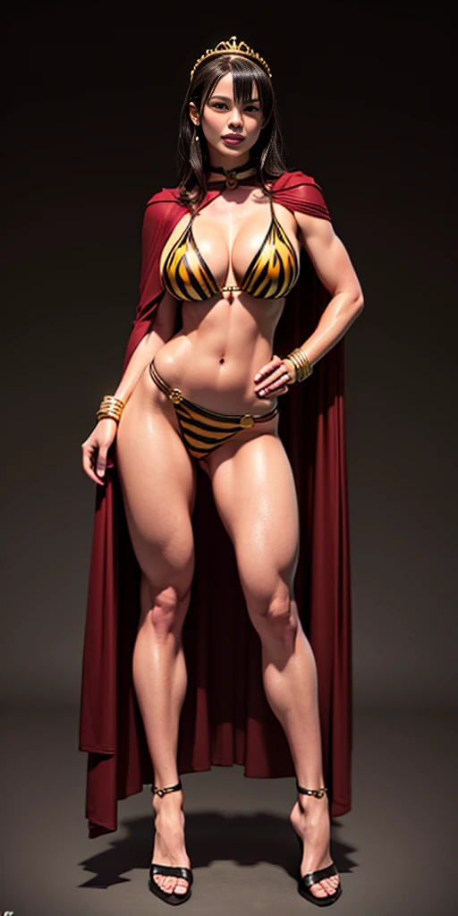 (Eris Boreas Greyrat) ((BLACK BACKGROUND 1:2, masterpiece)) 1solo female full body MILF BIMBO standing straight symmetrical with two long thighs and two metal sandals, red eyes like rubies, eye focus looking to the viewer, silver white hair, short bob style hair, big knockers breastplate, breastplate, cleavage, tiara royal, long cape up to two feet, yellow bikini (yellow tiger stripes), lustful smirking smiling, smile face (red blushed, red cheeks), pauldrons metal shoulders, gold sleeveless bracelets, separate sleeves, hands on waist hands OR hips, golden bracers, metal handcuffs, leather corset, red loincloth, black leather choker slave collar, shackles bracelets, slave red crest under navel, navel, big belt around waist OR hips, feet together, metal ankle, two long thighs and two metal sandals