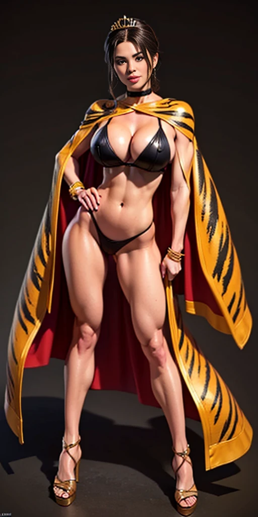(Eris Boreas Greyrat) ((BLACK BACKGROUND 1:2, masterpiece)) 1solo female full body MILF BIMBO standing straight symmetrical with two long thighs and two metal sandals, red eyes like rubies, eye focus looking to the viewer, silver white hair, short bob style hair, big knockers breastplate, breastplate, cleavage, tiara royal, long cape up to two feet, yellow bikini (yellow tiger stripes), lustful smirking smiling, smile face (red blushed, red cheeks), pauldrons metal shoulders, gold sleeveless bracelets, separate sleeves, hands on waist hands OR hips, golden bracers, metal handcuffs, leather corset, red loincloth, black leather choker slave collar, shackles bracelets, slave red crest under navel, navel, big belt around waist OR hips, feet together, metal ankle, two long thighs and two metal sandals