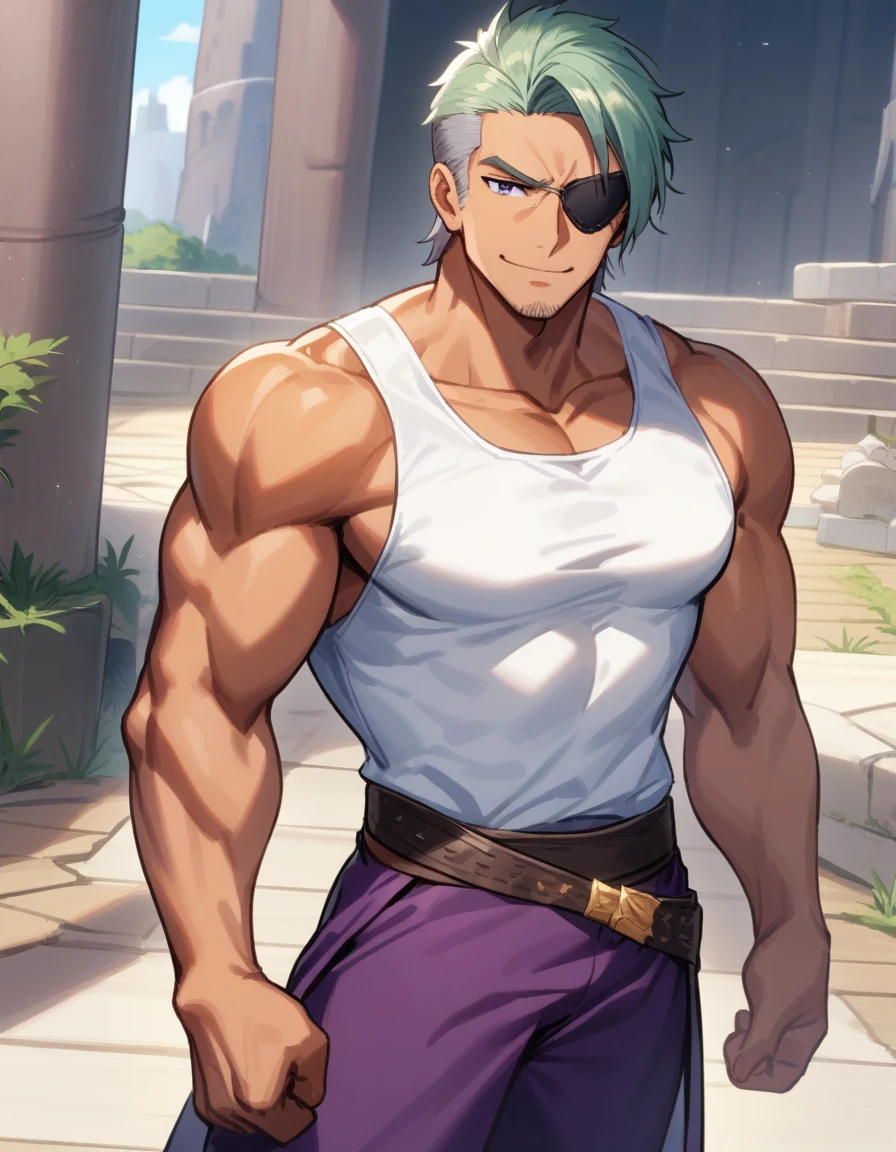 1man, muscular mature, jrpg pirate, green head scarf, gray hair, bangs, blue 1eye, black eyepatch, short hair, ordinary, tanned skin, asymmetrical bangs, solo, red waist cloth, purple arabian pants, white sleeveless shirt, loose fitting shirt, tented shirt, on mediaeval ship, softly smile, 1990s, VHS quality, masterpiece, best quality