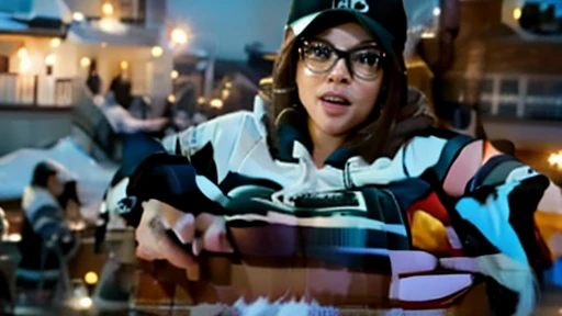 brunette curvy ssbbw wearing leggings and a hoodie with glasses and a baseball cap stuck in the chimney