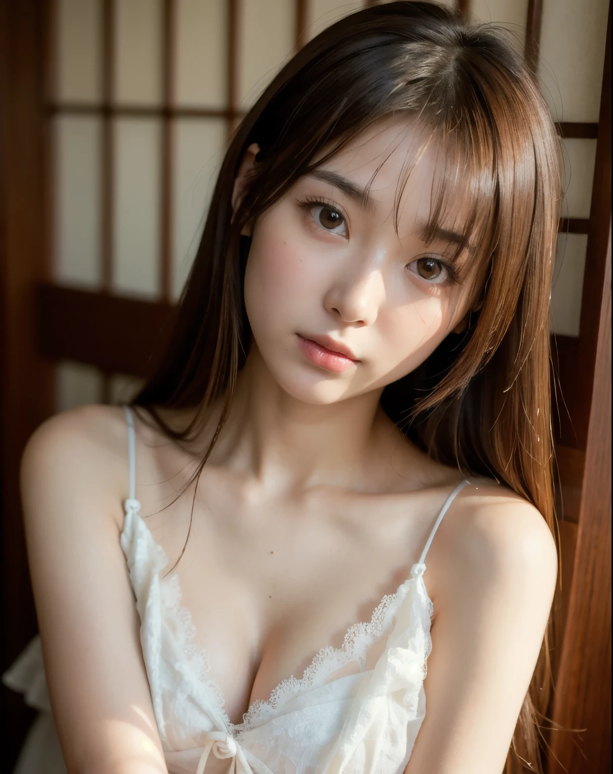 best quality, face focus, soft light, ultra high res, (photorealistic:1.4), RAW photo,
1japanese girl, solo, cute, (pupil, lights in the eyes), detailed beautiful face, (small chest),(high resolution detail of human skin texture),
(long hair),
indoor,
Damask Shirt Dress,
(portrait)